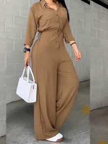 Women's Fashion Luxury Black Long Pants With Pocket, Studded Stripe And Suspenders Detail On Side, Woven Fabric, Non-Stretch, Suitable For Casual Wear, Autumn Back To School Season, Winter - Khaki - View 2