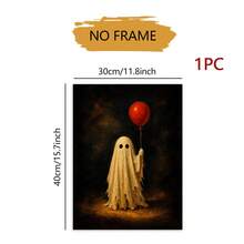 1PC Unframed Vintage Halloween Art Print, Cute Tattered Ghost Holding Red Balloon Dark Moody Background Wall Poster, Halloween Decor Fall Decor Wall Decor Home Decor, Whimsical Spooky Wall Decoration Gift For Halloween Season - Abstract - View 11