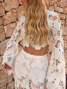 Chic High Neck White Lace Two Pieces For Women Elegant & Sexy Semi-Sheer Party Wear In Medium Stretch Fabric - White - View 4