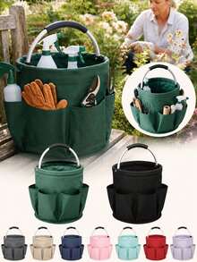 1pc Rustic Solid Color Gardening Tool Storage Bag, Round Bucket Shape With 6 Side Pockets And Thickened Metal Handle, Foldable Oxford Cloth Organizer, Large Capacity Home & Garden Storage Bag - A - View 12