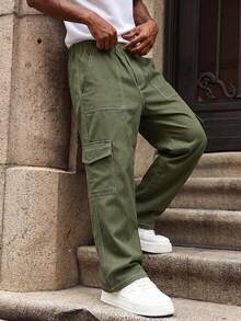 1pc Teen Boy Vintage Casual Minimalist Denim Effect Pockets Cargo Pants, Spring/Summer/Autumn/Winter - Army Green - View 9