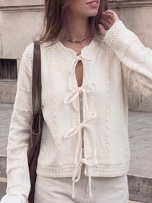 JIANHU Autumn/Winter Beige Hollow-Out Lace-Up Knit Cardigan - White - View 5