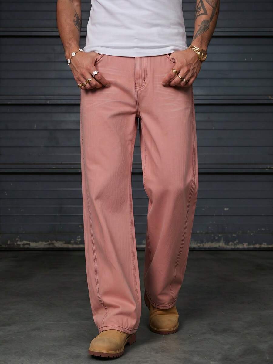 BLACKTOEXIT Spring/Autumn Men's & Women's High Street Sweet Cool Pink Loose Fit Versatile Denim Straight Leg Pants Fashionable Long Pants - Pink - View 1