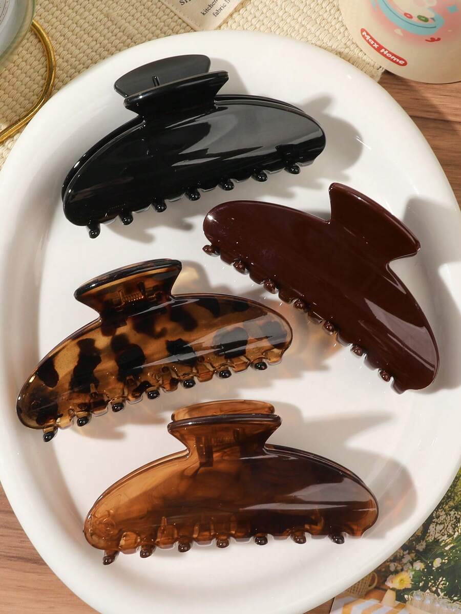 4件組波希米亞極簡風琥珀豹紋黑色酒紅大號半月形髮夾套組，海灘海邊盤髮髮飾 - 彩色 - 查看 1