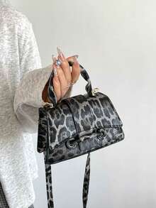 Y2K Leopard Print Mini Handbag, Fashionable Top Handle Bag, Vintage Small Tote With Detachable Shoulder Strap, Stylish Crossbody Bag For Party And Daily Wear - Multicolor - View 9