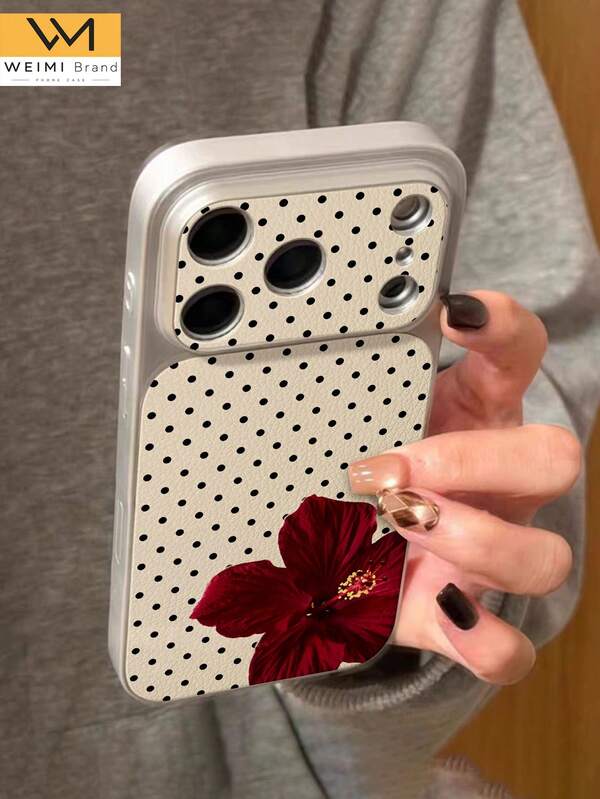 1pc Fashionable Personalized Polka Dot & Large Red Flower Pattern Full Coverage Button Classic Anti-Drop Metallic Paint Premium Texture Soft Texture PU Leather Phone Case, Suitable As Birthday Gift, Holiday Gift For Friends, Family, Couples, Yourself, Compatible With IPhone 17/17PRO/17PROMAX/17Air/16/16e/16PRO/16PROMAX/16PLUS/15/14/13/12/11/X/XS/XR Series