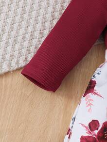 Newborn Baby Girl 3pcs Set Burgundy Flutter Sleeve Bodysuit, Pants & Headband Autumn Fashion Outfit - Burgundy - View 4