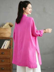Women's Chinese Style Frog Button Linen Shirt, Mandarin Collar Long Sleeve Loose Mid Length Tunic Top With Pockets - Hot Pink - View 3