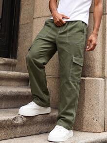 1pc Teen Boy Vintage Casual Minimalist Denim Effect Pockets Cargo Pants, Spring/Summer/Autumn/Winter - Army Green - View 10