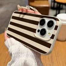 1PC Striped Pattern Large Hole Beige Shockproof Phone Case, Full Coverage Silicone Soft Shell Compatible With Apple 16 Pro Max, 15 Pro/17/14 Plus, 13 Pro/12 Pro Max/11, Creative TPU Material - Beige - View 21