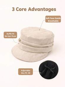 Women Faux Suede Newsboy Cap, Pleated Face-Slimming Hat, Adjustable Maillard Style, Fall Winter Essential - Solid Color Flat Top Newsboy Cap - View 7