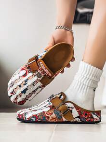 phantombear Men's Boho Mule Shoes - Printed Fabric Slip-On Clogs With Metal Buckle, Soft Insole Casual Comfort Sandals For Spring Summer - Khaki - View 4