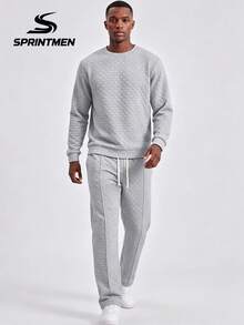 2pcs Gray Plaid Embossed Crew Neck Men's Set, Men's Long Sleeve Sweatshirt Set, Men's Drawstring Pants, Textured Plaid Design, Casual Sports Style, Campus, Friends Gathering, Commuting, Short Trips - Grey - View 2
