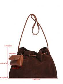 low tea 1pc Minimalist Fashion Suede Bucket Crossbody Bag, Suitable For Commuting, Shopping, Etc. (With Pendant) - Coffee - View 3
