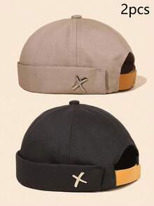 2pcs Men's Fashion Casual Versatile Adjustable Iron Badge Newsboy Cap - Black+Khaki - View 3