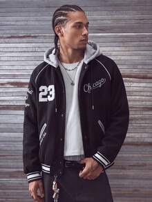 MAISONFOX 男士時尚字母印花拼色連帽夾克，男士棒球夾克，長袖大學棒球夾克，80年代風格男士穿搭 - 黑色 - 查看 4