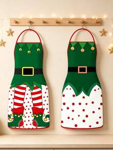 2pcs/1pc Christmas Aprons For Men And Women -Dark Green Fairy Print Pattern, Couple Aprons For Men And Women, Suitable For Christmas Party, Apron Kitchen - Multicolor - View 2