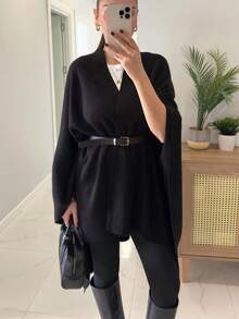 Elegant Women's Long Loose Black Knitted Wool Poncho Cardigan, Long Sleeve Asymmetric Design, Overlapping Collar, Suitable For Autumn/Winter (Belt Not Included) - Black - View 1