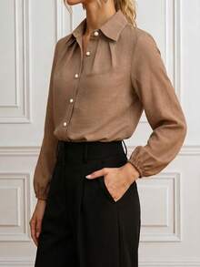 Women's Long Sleeve Collared Blouse, Ruched Cut Flattering Shoulder And Neckline, Elegant Casual Versatile, Suitable For Commute, Party And Daily Wear - Brown - View 2