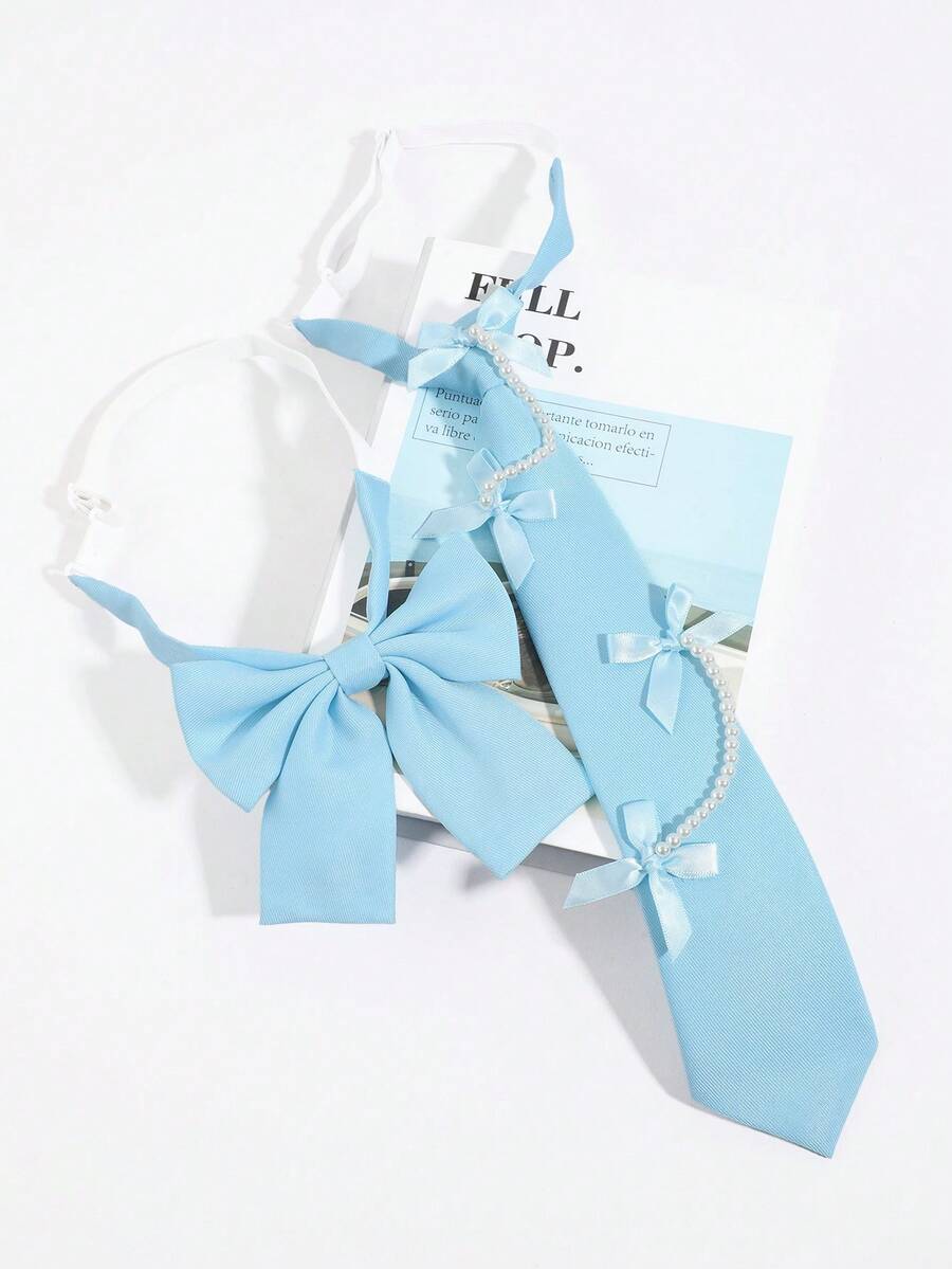 1PC Women's Bowknot + Tie Set, Minimalist Versatile School Style JK Uniform Shirt Bowknot Collar Accessory 2 Pieces Set - Blue - Bow JK - View 1