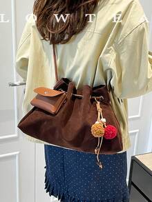low tea 1pc Minimalist Fashion Suede Bucket Crossbody Bag, Suitable For Commuting, Shopping, Etc. (With Pendant) - Coffee - View 2