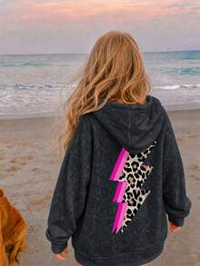1pc Tween Girl Washed Leopard Print Lightning Hooded Sweatshirt, Pink Trim Sweet Cool Style Unisex Children Spring Autumn Loose Casual Sweatshirt - Black - View 5