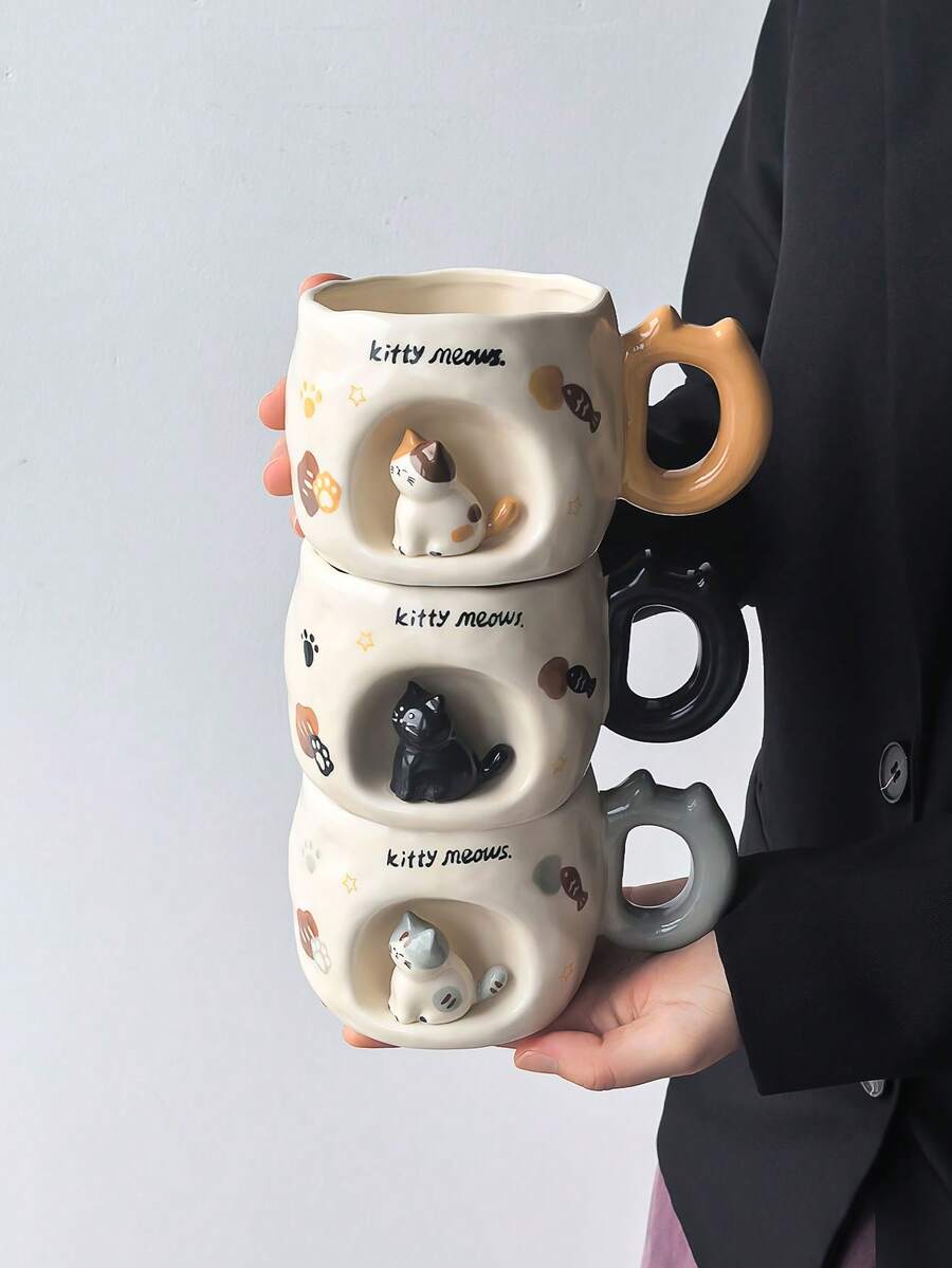 1pc Embossed Standing Cat Ceramic Mug, Personalized Creative Handmade Art Couple Mug, Breakfast Cup, Tea Cup, Coffee Cup - Perfect Birthday And Holiday Gift, Suitable For Home Use, Great Gift For Him - Multicolor - View 1