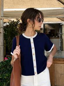Blus Wanita Rajut Elegan Musim Gugur/Dingin Kerah Bulat Lengan Pendek Pullover Desain Kancing Palsu Warna Kontras Slim Fit Kasual untuk Harian dan Kantor - Navy Blue - View 3