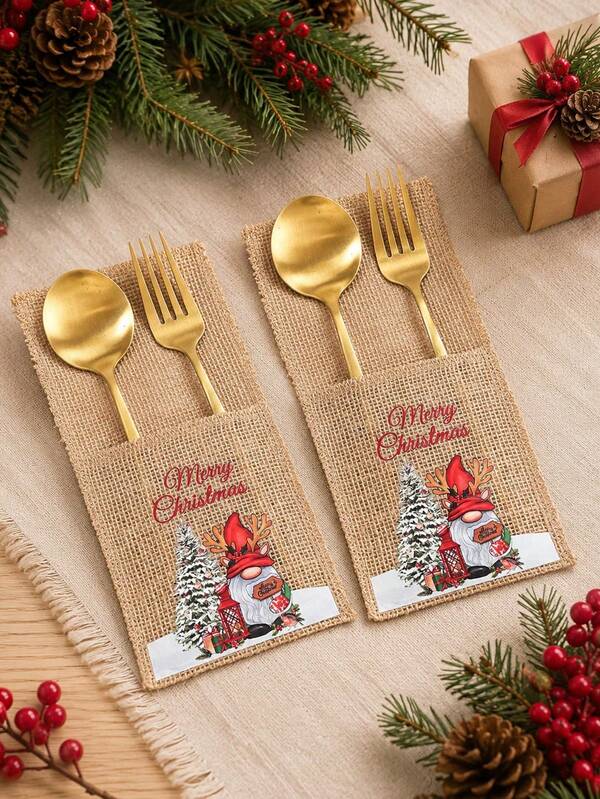 1/5pcs Christmas Burlap Utensil Holders, Gnome Design Cutlery Pouch With Merry Christmas Print, Jute Silverware Holders For Forks Spoons, Holiday Dinner Table Decor, Christmas Decorations For Home, Fall Decorations For Home, Christmas Decorations