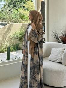 Hafizah 女款穆斯林端莊時尚雪紡印花兩件套，含希賈布，夏季休閒外套 - 杏色 - 查看 5
