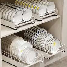 Pull-Out Cabinet Dish Rack, Drill-Free Sliding Dish & Bowl Storage Rack, Metal Draining Dish Rack, Kitchen Cabinet Space-Saving Tableware Storage Rack, Kitchen Countertop & Under-Sink Cabinet Storage Organizer - White - View 4