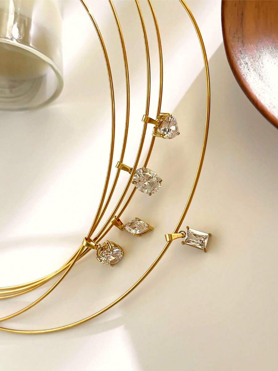 1pc Stainless Steel 18K Gold Fashion Gold Zirconia Inlaid Pendant Necklace - Gold - View 1