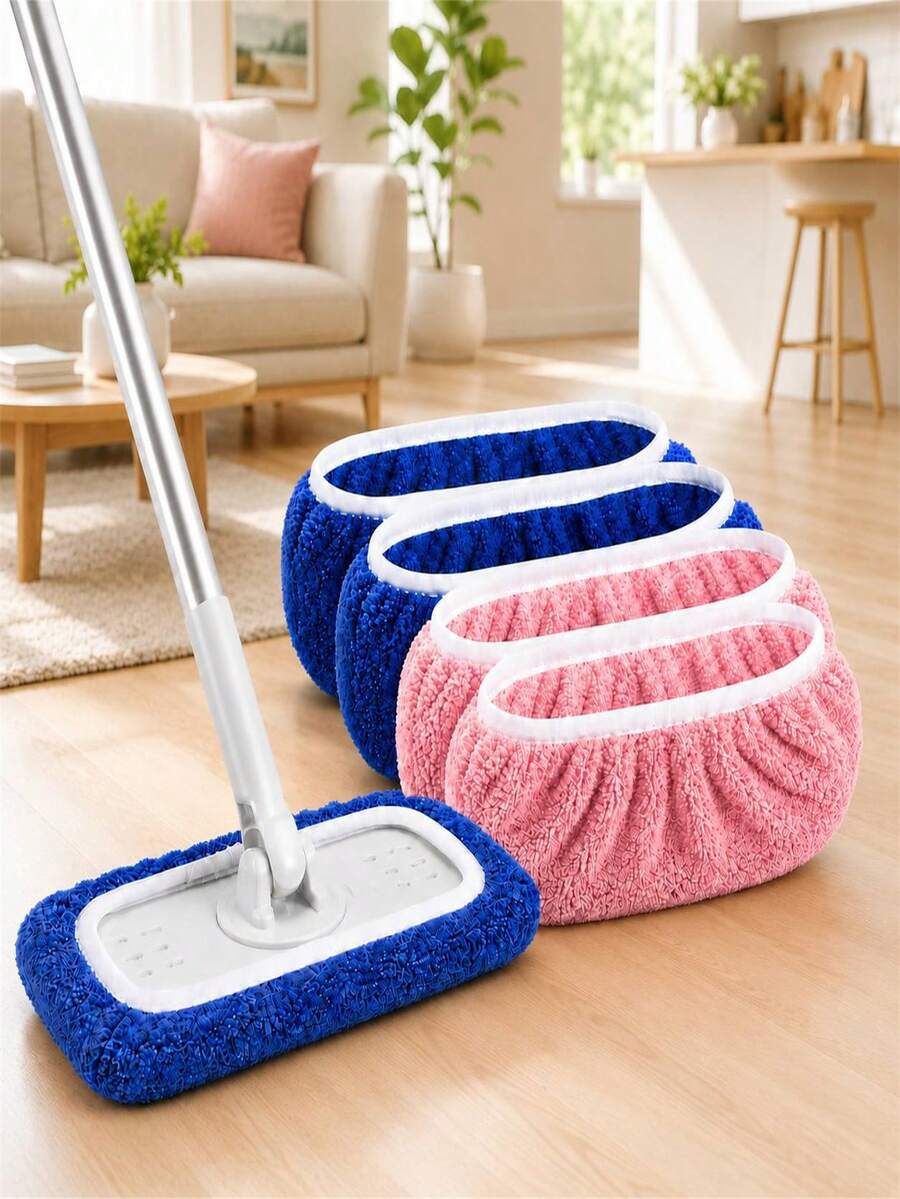 4 miếng giẻ lau cây lau nhà sợi microfiber có thể giặt, dùng khô và ướt, độ thấm hút cao, có dây đai cố định co giãn, phù hợp cho cây lau nhà phẳng 10 inch, dùng để vệ sinh và chăm sóc sàn gỗ cứng và sàn gạch
