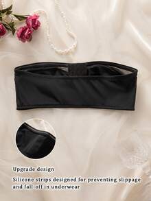 1pc Black Sexy Mesh Patchwork Front Buckle Bandeau Bra, Upgraded Anti-Slip Design, Strapless & Padded-Free Women's Lingerie - Black - View 6