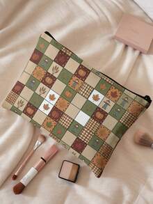 1pc Kids Pastel Multicolor Checkered Floral Print Zipper Closure Portable Makeup Pouch,Lightweight Toiletry Organizer For Travel Daily Storage Or Gift - Multicolor - View 15