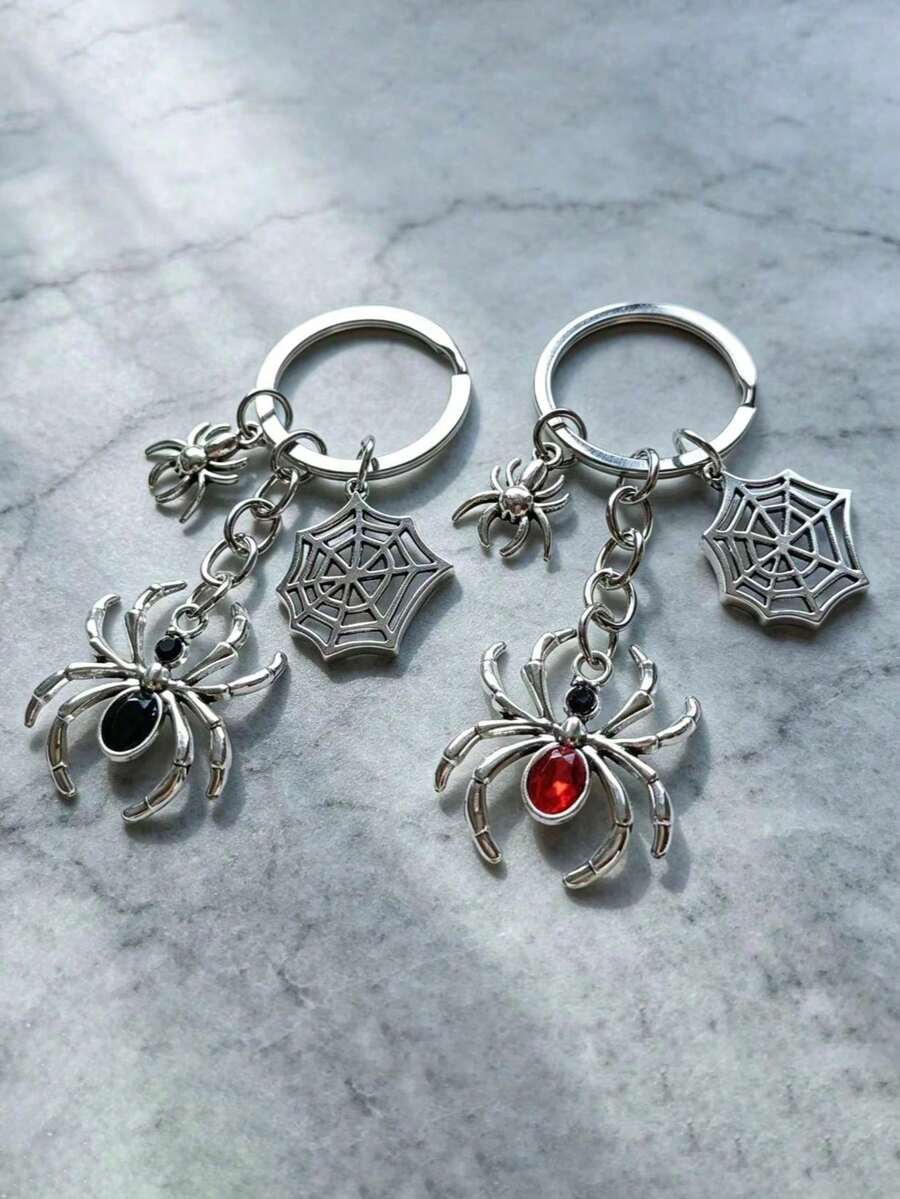 1pc Vintage Silver Spider Pendant Keychain, Gothic Punk Spider Web Metal Key Chain, Cute Small Accessory, Bag Charm, Bag Keychain, Women's Keychain, Car Keychain, Key Chain Accessory, Wallet Charm, Bag Accessory Strap, Gift For Women, Halloween Gift, Teacher's Day Gift, Christmas Gift - Multicolor - View 1
