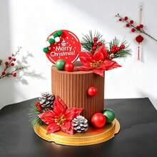 13 Buah Hiasan Kue Natal, Bunga Buatan Merah, Jarum Pinus, Buah Beri Merah & Tusuk Buah Pinus, Dekorasi Kue Tema Merah Natal, Set Hiasan Kue Cupcake untuk Pesta Liburan - MultiWarna - View 3