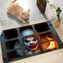GEL HUT MUN Lpc Clown Face Behind Metal Grate With A Burning FireDoor Mat, Non-Slip And Washable Rug Suitable ForEntrance, Front Door, Hallway, Kitchen, Bathroom, AndLaundry. This Super Absorbent Polyester Floor Mat Is ASoft Halloween Decoration For Your Ho - B - View 4