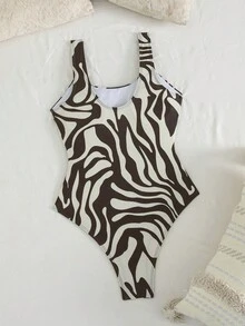 Women's New Animal Pattern Printed Thick Shoulder Strap Metal Jewelry One-Piece Swimsuit Suitable For Island Vacation Pool Parties - Multicolor - View 3