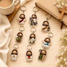 10Pcs Crochet Style Jesus Blessing Keychain (2D Flat Random Design) Cute Christian Theme Acrylic Pendant Knit Effect Faith Backpack Charm Party Gift Blessing Birthday Holiday Present - View 1