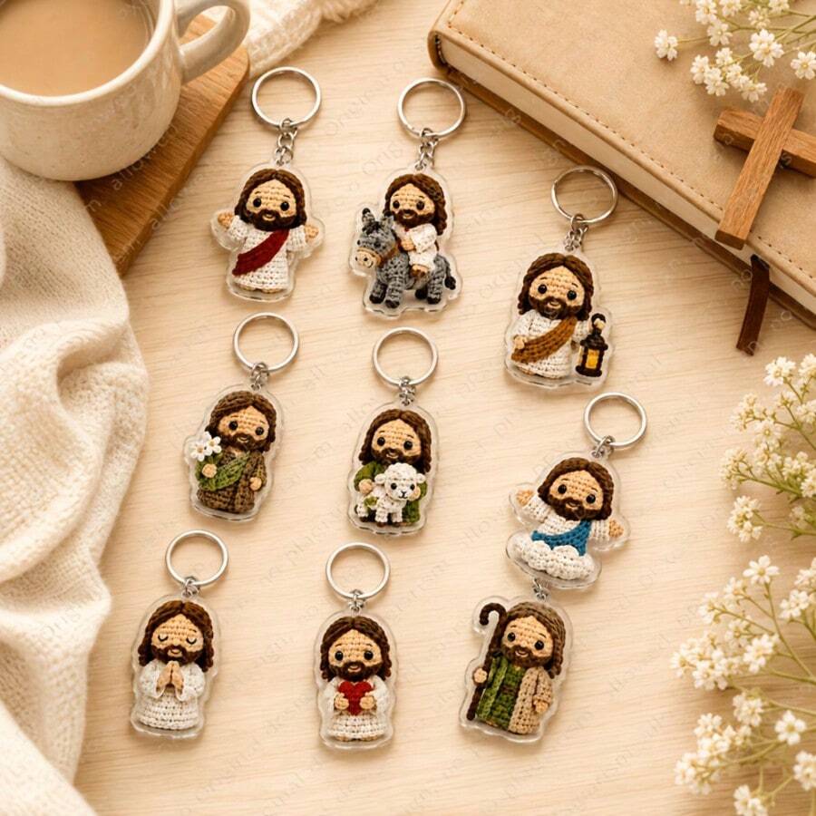 10Pcs Crochet Style Jesus Blessing Keychain (2D Flat Random Design) Cute Christian Theme Acrylic Pendant Knit Effect Faith Backpack Charm Party Gift Blessing Birthday Holiday Present - View 1