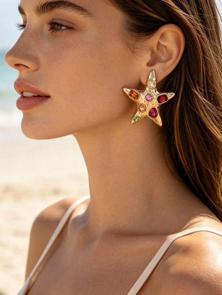 1 Pair Classic Exaggerated Gold & Multicolored Rhinestone Pentagram Earrings, Suitable For Women's Parties And Daily Wear - Multicolor - View 1