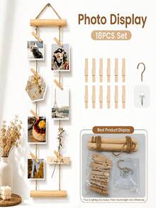 18pcs Wall-Mounted Photo Display Rack Set (Includes 1 Hanging Display Rack + 15 Photo Clips + 1 Adhesive Hook + 1 Metal Hook) - Natural Wood Photo Hanging Rope, Wooden Hemp Rope Hanging Decorative Photo Clips, Hanging Photo Clip Frame, Nordic Style Holiday Party Decoration, Minimalist Style Decorative Rack, Wooden Clip Multi-Photo Display Rack, No Drilling Space-Saving, Suitable For Bedroom, Dorm, Studio, Entryway, Desk Decoration - Multicolor - View 7
