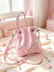 Cute Polka Dot Chain Drawstring Bucket Bag, Chain Strap Crossbody Bag, Y2K Style Mini Shoulder Bag, Suitable For Daily Casual Use, - Multicolor - View 9