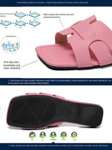 Women's Soft Faux Leather H-Cutout Pale Pink Square Toe Open Toe Flat Slide Sandals - Pink - View 3