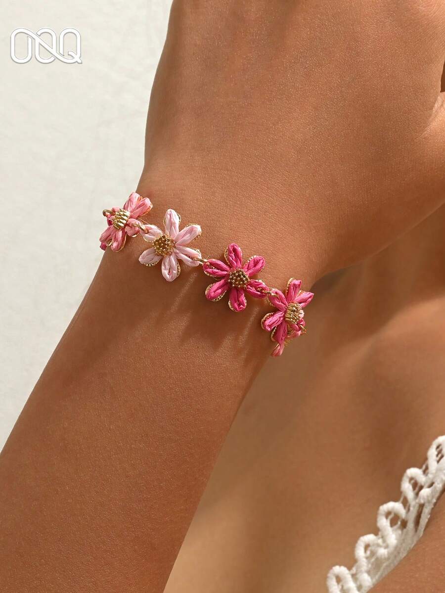 OOQ 1pc Minimalist 6-Petal Flower Rattan Bracelet, Colorful Dopamine Summer Holiday Beach, Valentine's Day, Back To School Gift For Friends And Family (Handmade Rattan Weaving, Random Direction And Shape) - Hot Pink - View 1