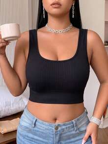 Plus Size Women Ribbed Knit Crop Tank Top Wide Strap Seamless Square Neck Camisole High Stretch Base Layer Vest - Black - View 5