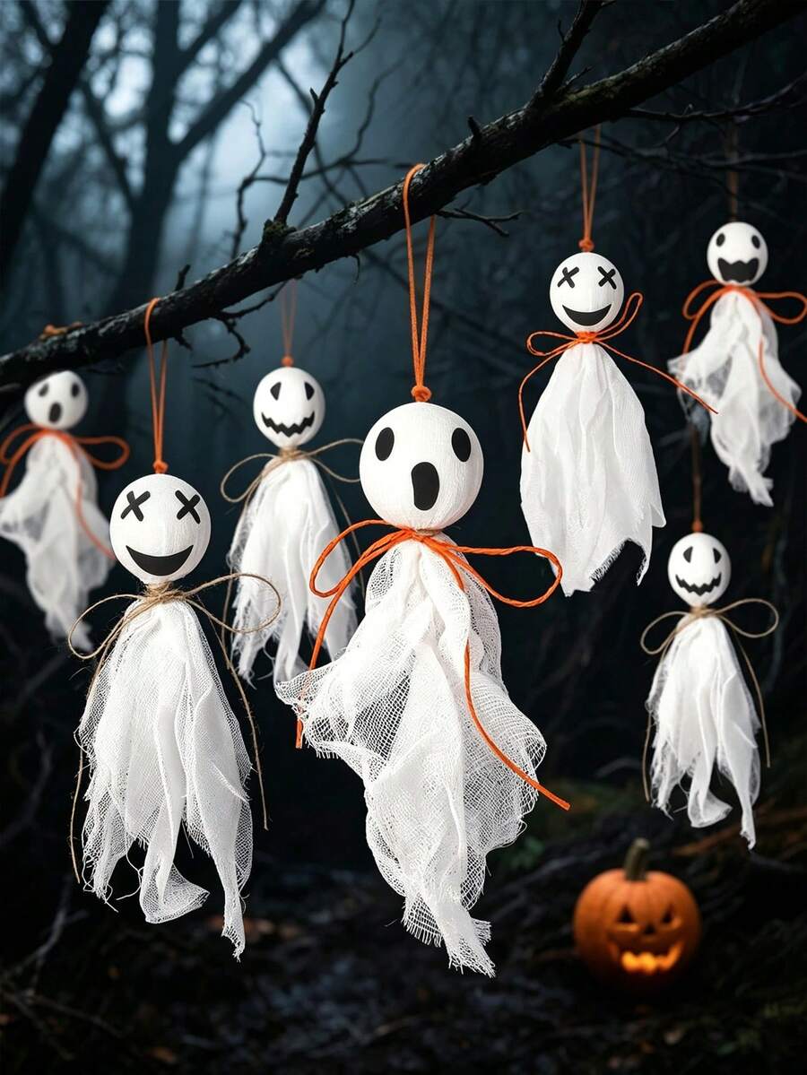 3pcs/1set Halloween Ghost Hanging Decor, Halloween DIY Ghost Fabric Texture Handmade Set, Horror Scene Decoration, Rustic Style Fabric Ghost Hanging Decor, DIY White Fabric Ghost Hanging Decor, Suitable For Door, Window, Party, Holiday, Random Style, 1pc