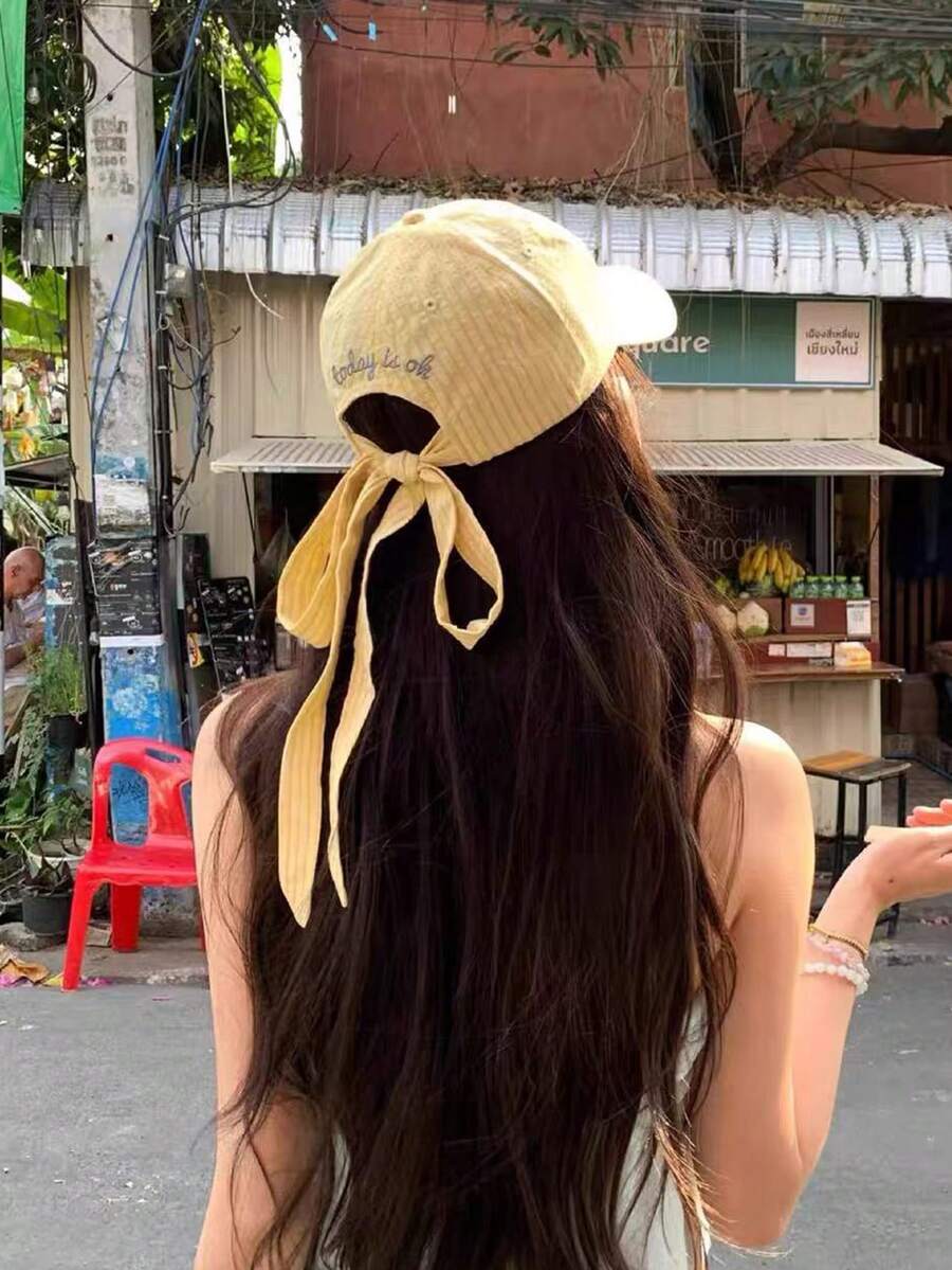 1pc Women's Y2K Embroidered Letter Striped Baseball Cap, Sweet Bowknot Design, Versatile Sports Sun Hat, Suitable For Party, Daily Wear, Back To School Gift