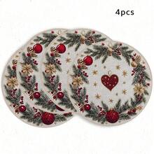 1/4/6pcs Christmas Series - Red & Gold Heart Pine Cone Christmas Wreath Hand-Painted Pattern Placemats, Made Of Polyester Fiber, Suitable For Home Kitchen, Kitchen Table Decoration And Party Scene Decoration - Multicolor - View 9